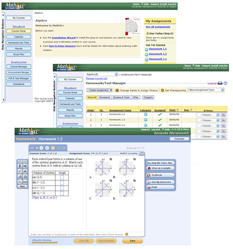 Screenshots of the MathXL for School Course Home, Homework and Test Manager, and Player pages.