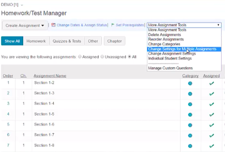 Changing due dates and other settings for multiple assignments