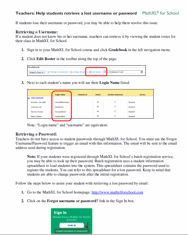 Help students retrieve a lost username or password